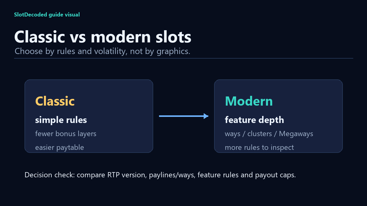 A SlotDecoded comparison diagram contrasting simple classic slots with feature-heavy modern slots.