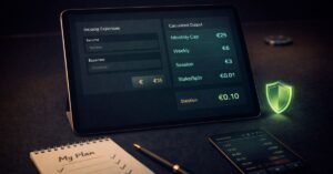 Responsible gambling planner — free income-based budget calculator and PGSI risk profiler showing deposit caps, loss stops, stake limits, and risk tier