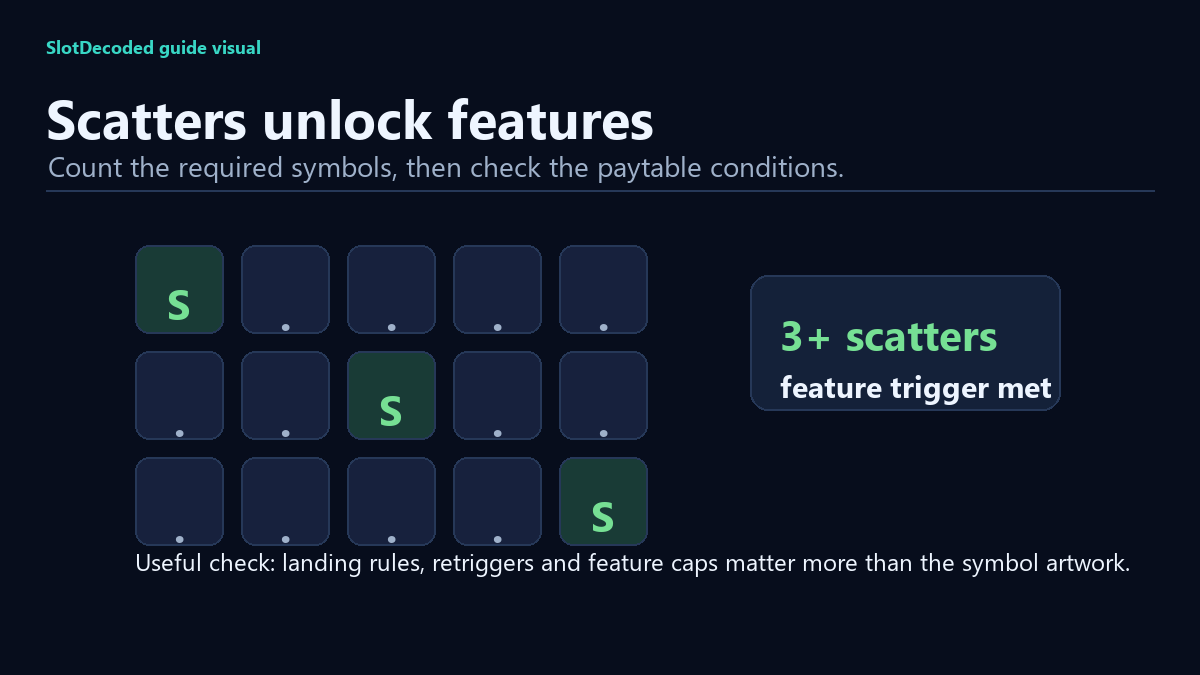 A SlotDecoded slot-grid diagram showing three scatter symbols triggering a feature.