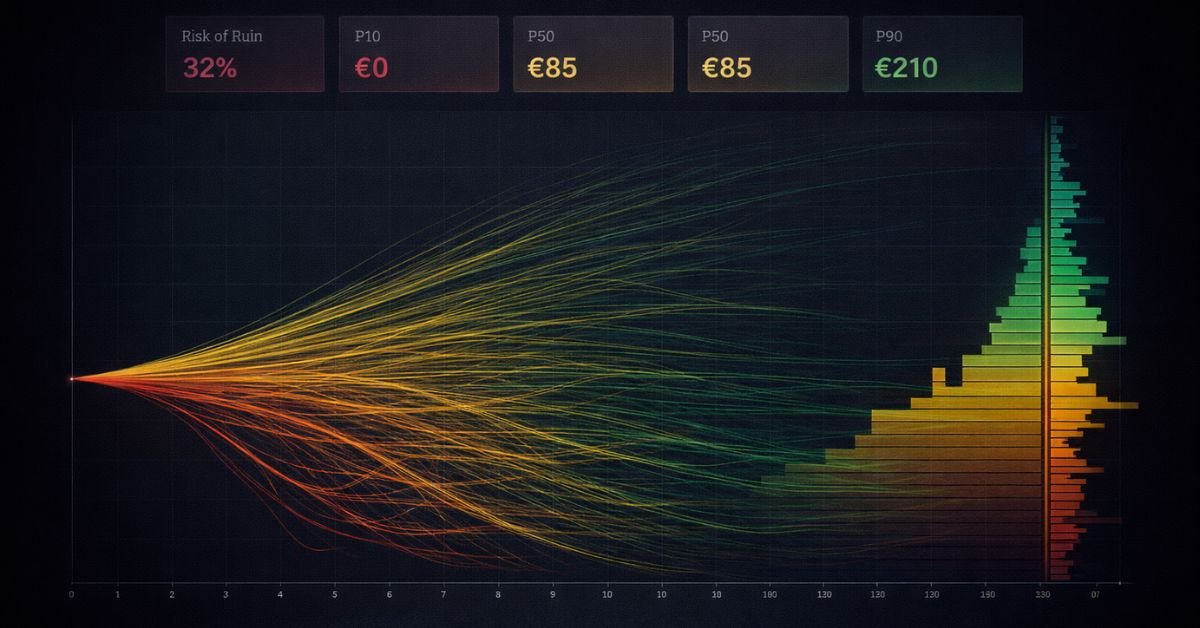 Session risk analyzer — free Monte Carlo tool showing bust probability, P10-P90 outcomes, and 1,000 simulated bankroll paths across volatility levels
