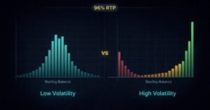 Slot volatility and RTP calculator — free tool simulating 200 sessions showing distribution histogram, % profitable, and outcome spread across volatility levels