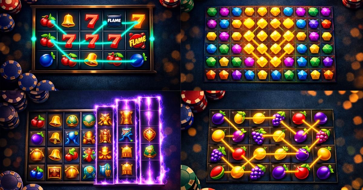 ways-to-win-in-slots-cluster-pays-2026_featured Ways to win in slots — 4 proven systems including cluster pays, expanding reels, pay-anywhere, and adjacent ways shown on a modern slot grid