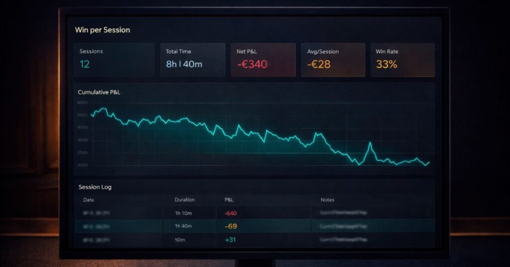 Win per session tracker — free tool showing net P&L, €/hour, win rate, cumulative chart, and session log with export to CSV and JSON
