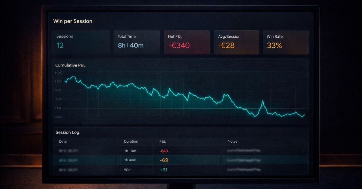 Win per session tracker — free tool showing net P&L, €/hour, win rate, cumulative chart, and session log with export to CSV and JSON
