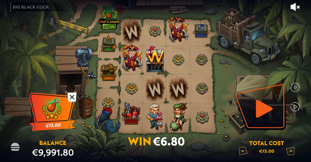 Big Black Cock slot review — base game showing the 3-4-4-4-4 grid with Frontal Assault Wilds flooding the reels