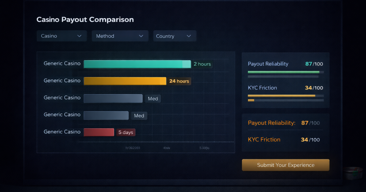 Casino withdrawal speed tracker — compare real payout times by casino, payment method, and country with community-reported data