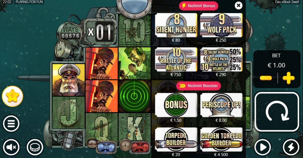 Das xBoot 2wei bonus buy menu showing Silent Hunter Spins from 80x through Battle of the Atlantic at 750x and all Nolimit Boosters