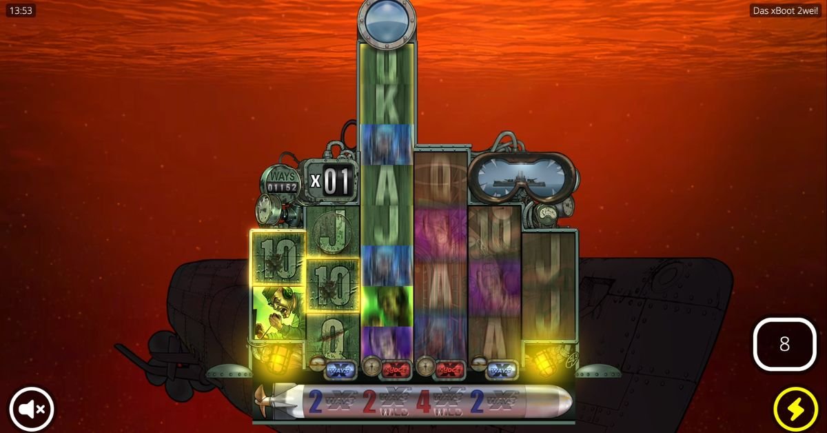 Das xBoot 2wei Periscope Up — reel 3 expanded to 8 positions with the Periscope Wild nudging down and win multiplier building