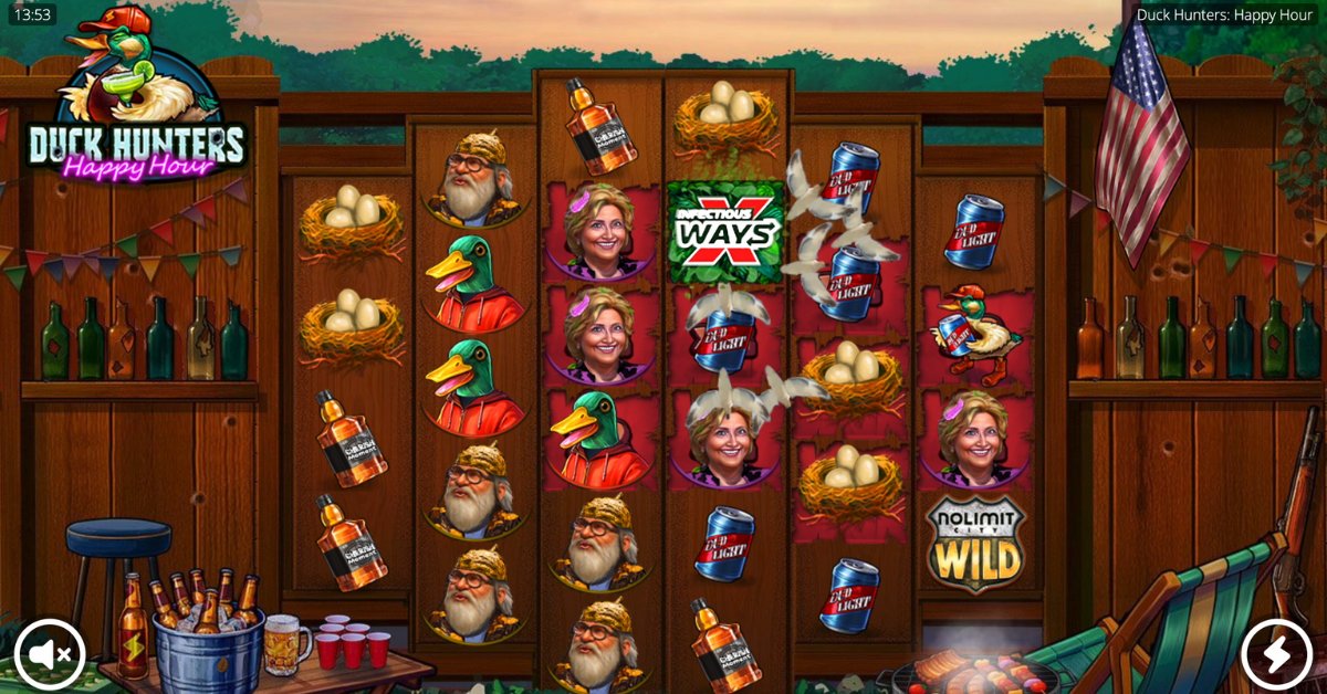 Duck Hunters Happy Hour slot review — base game showing the 4-5-6-6-5-4 asymmetric grid with xWays symbol and position multipliers