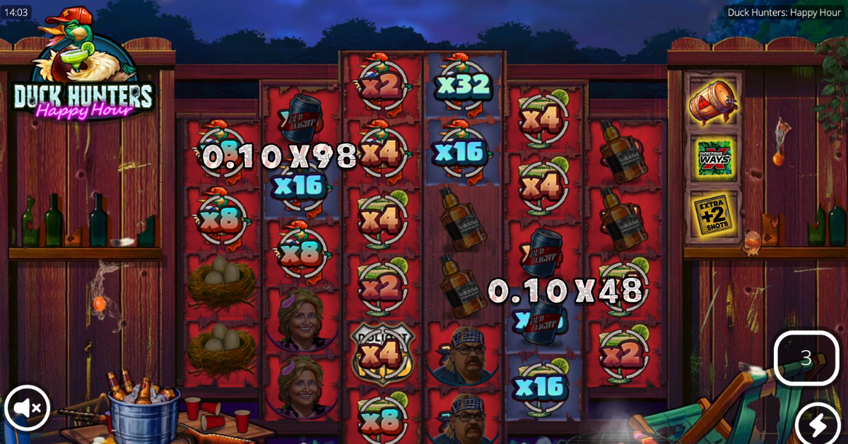 Duck Hunters Happy Hour Big Game Spins bonus with all three upgrades active — Infectious xWays, Upgraded Bomb, and Extra +2 Shots symbols