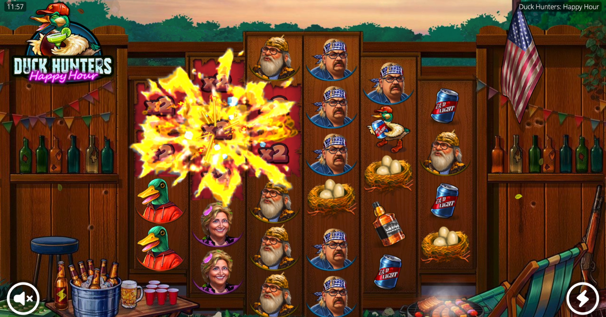 Duck Hunters Happy Hour Bomb explosion removing symbols in a 3x3 pattern with position multipliers doubling on affected reel positions