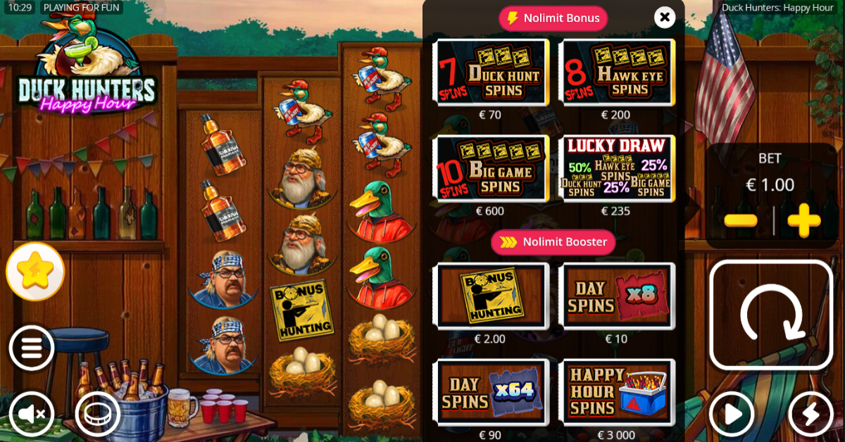 Duck Hunters Happy Hour bonus buy menu showing Duck Hunt Spins from 70x through Big Game Spins at 600x and all Nolimit Booster options
