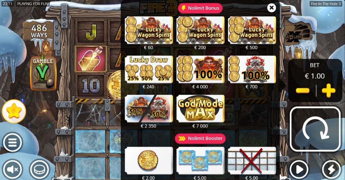 Fire in the Hole 3 bonus buy menu showing all feature buy options from 60x to 7000x the bet