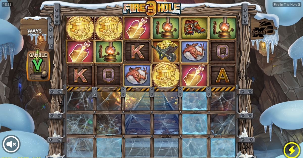 Fire in the Hole 3 Lucky Wagon Spins bonus — coins on the grid with the enhancer row active showing multiplier and Persistent Dwarf symbols