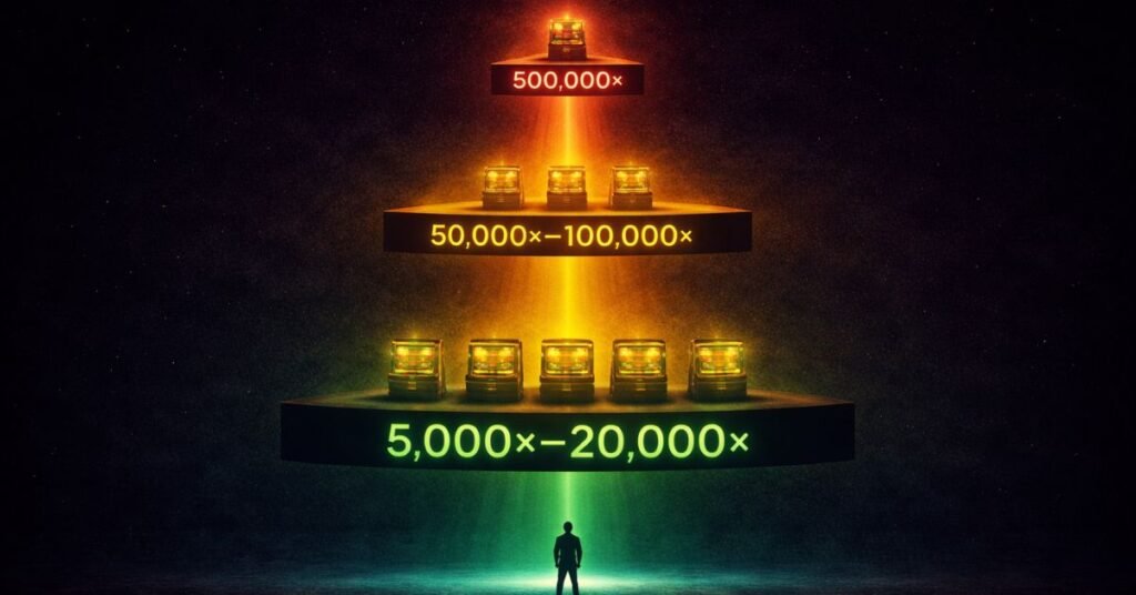 Highest max win slots ranked in 3 tiers — 22 games from 5,000x to 500,000x with RTP, volatility, and probability data