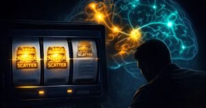 near-miss effect in slots — two scatters landed, third missed, showing how near-misses create the illusion of proximity to winning