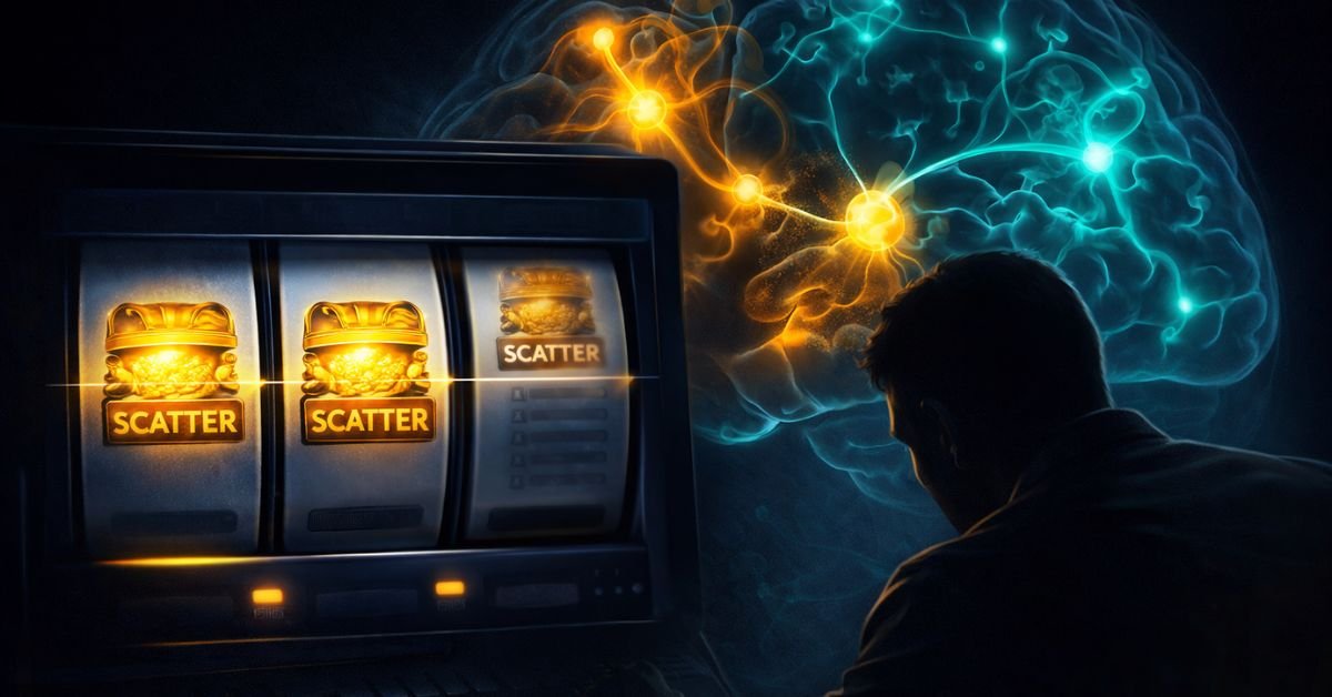 near-miss effect in slots — two scatters landed, third missed, showing how near-misses create the illusion of proximity to winning