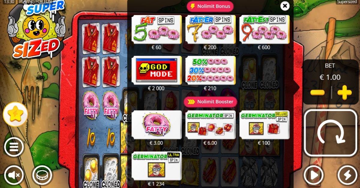 Supersized bonus buy menu showing Fat Spins, Fatter Spins, Fattest Spins, Lucky Draw and God Mode costs