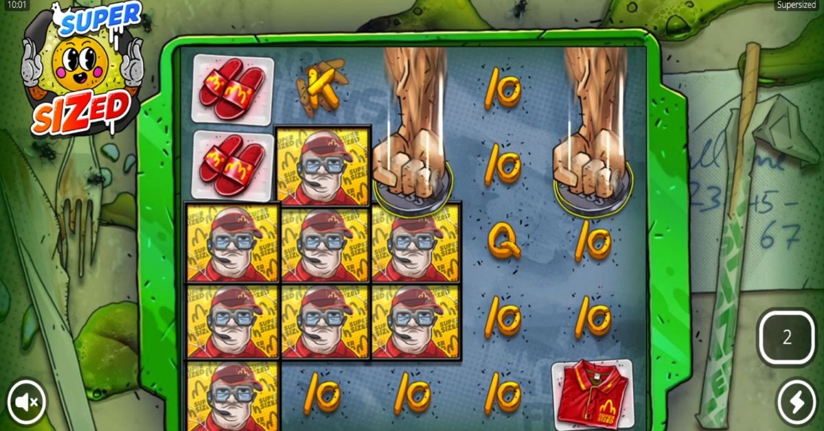 Supersized slot review — Brown Nudge Delight and Press features expanding wilds and crushing symbols in the base game