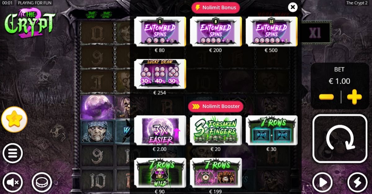 The Crypt 2 bonus buy menu showing Entombed Spins purchase options from 80x to 500x and all Nolimit Booster options