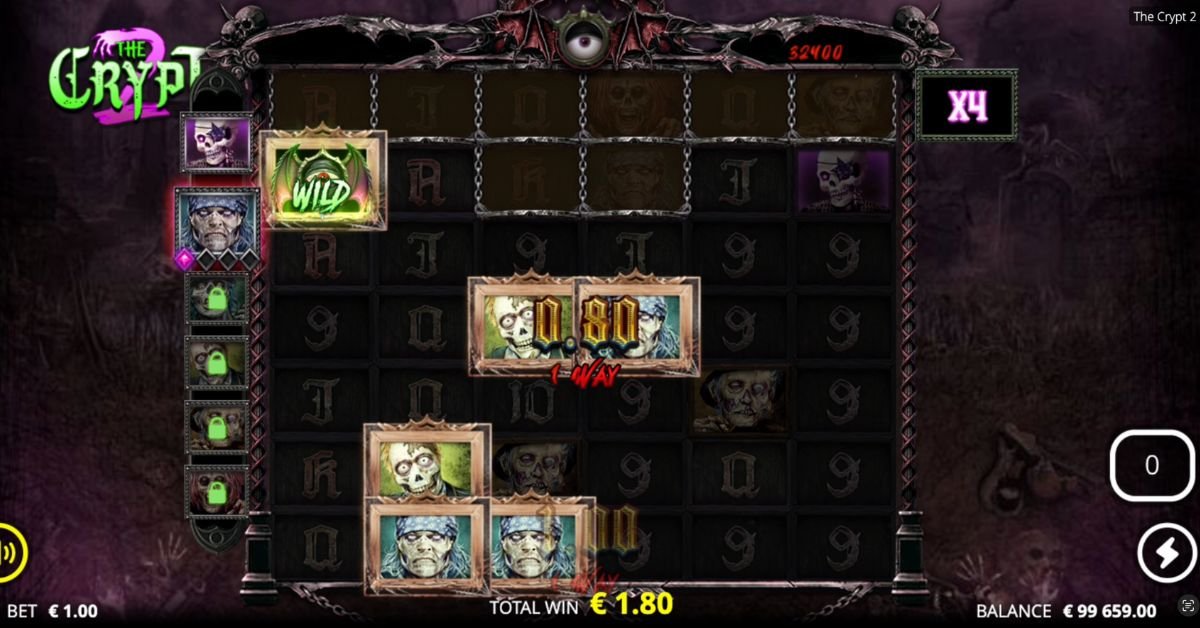 The Crypt 2 Entombed Spins bonus round with expanded grid, win multiplier active, and Dead Legend symbols on the reels