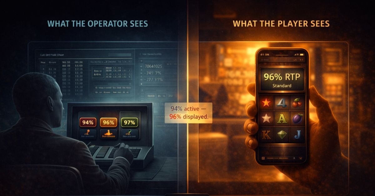 RTP variant selection — casino operator choosing between 94%, 96%, and 97% certified slot builds on a configuration panel, while a player sees only the promoted figure in the game interface