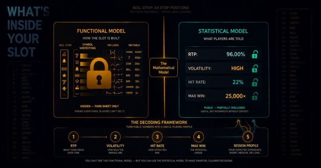 slot mathematical model — two-layer diagram showing functional model hidden layer and statistical model public layer with decoding framework connecting them