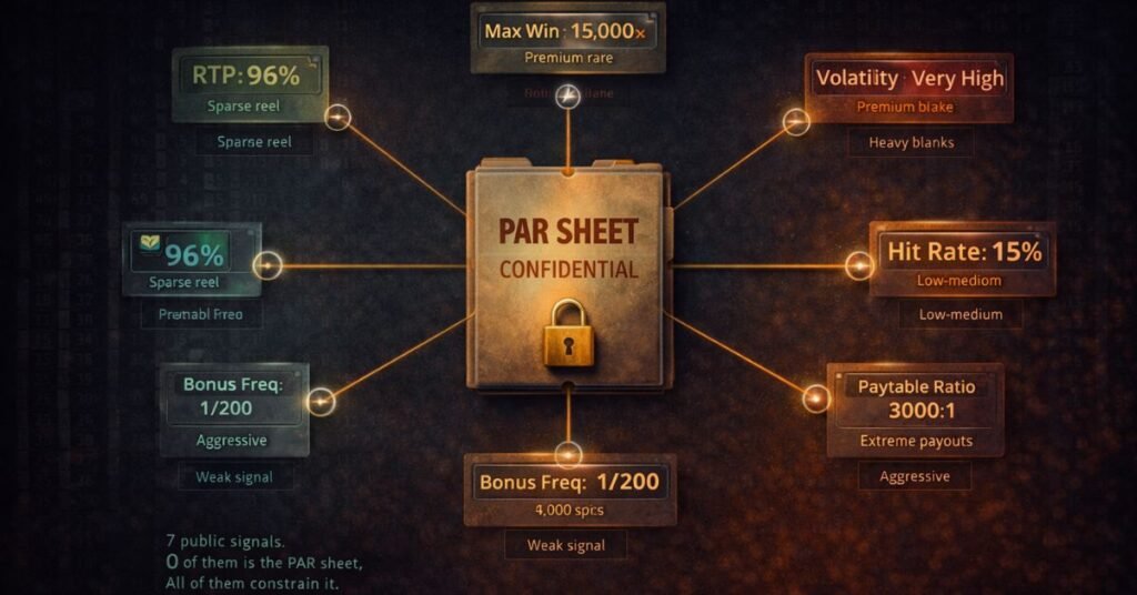 decoding slot without PAR sheet — a detective-style investigation board showing 7 public signals pointing toward a hidden PAR sheet document at the centre, with inference arrows connecting each signal to a property of the hidden reel strip configuration