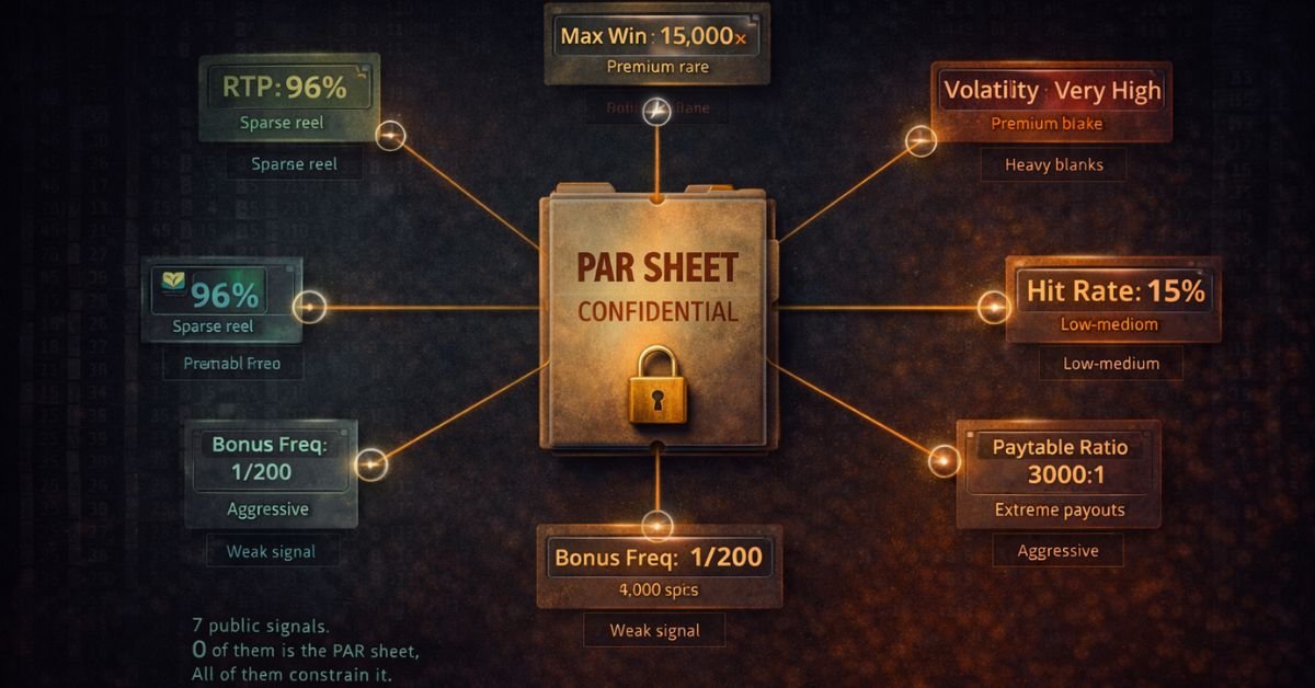 decoding slot without PAR sheet — a detective-style investigation board showing 7 public signals pointing toward a hidden PAR sheet document at the centre, with inference arrows connecting each signal to a property of the hidden reel strip configuration
