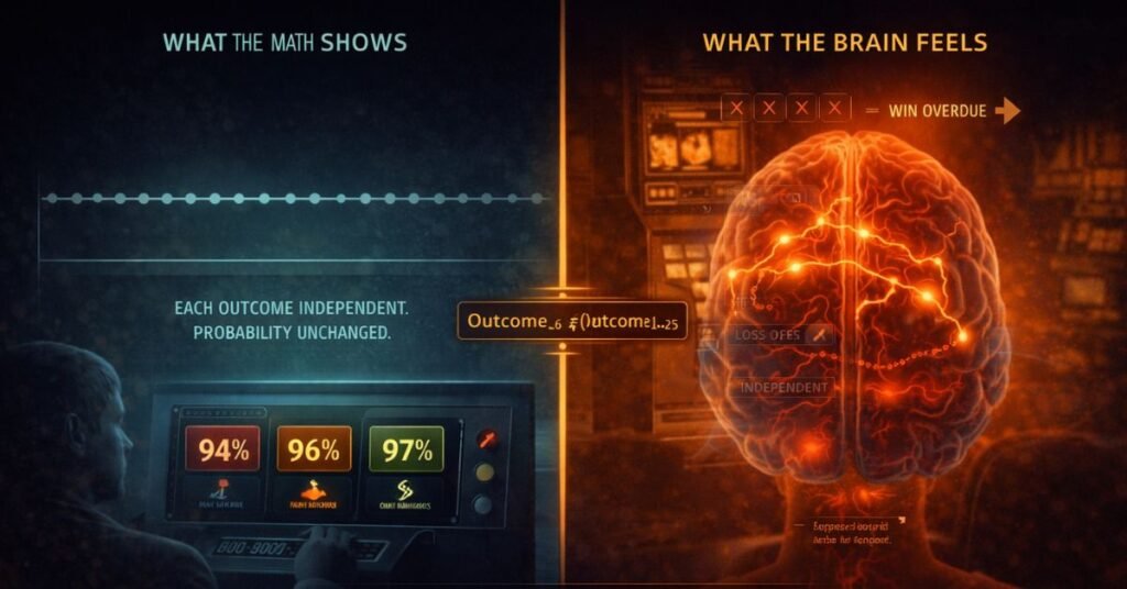 gamblers fallacy explained — a player at a slot machine experiencing a losing run, with a probability chart on one side showing independent outcomes and a cognitive distortion diagram on the other showing the false expectation of correction