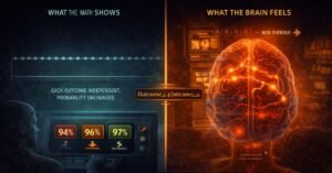 gamblers fallacy explained — a player at a slot machine experiencing a losing run, with a probability chart on one side showing independent outcomes and a cognitive distortion diagram on the other showing the false expectation of correction