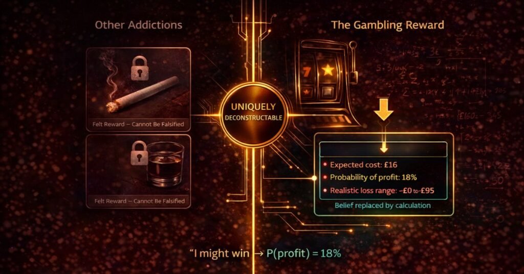 gambling deconstructable reward — three addiction reward types compared, with slots showing the mathematical calculation that falsifies the reward belief