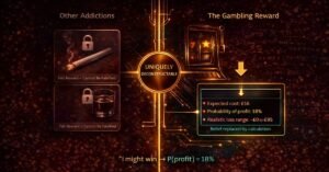 gambling deconstructable reward — three addiction reward types compared, with slots showing the mathematical calculation that falsifies the reward belief