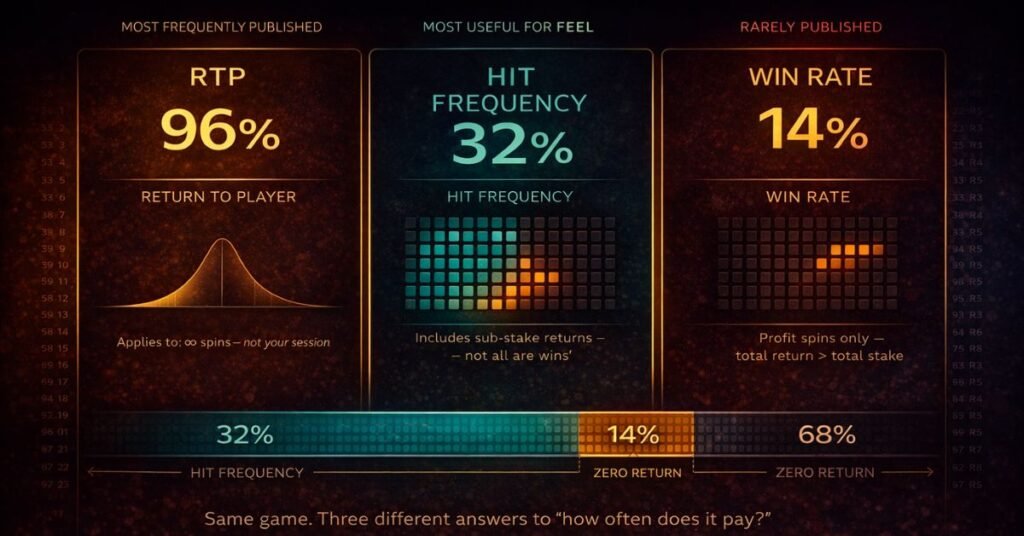hit frequency win rate RTP difference — three metric comparison showing how each number measures a different aspect of slot behaviour