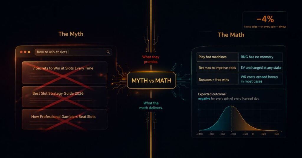 how to win at slots myth — search results page showing generic tips crossed out, replaced by honest mathematical analysis