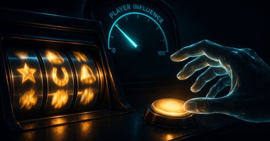 illusion of control in slots — player hand reaching toward spin button with control dial showing zero