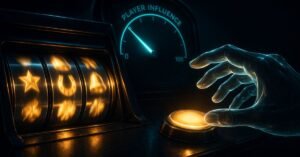 illusion of control in slots — player hand reaching toward spin button with control dial showing zero