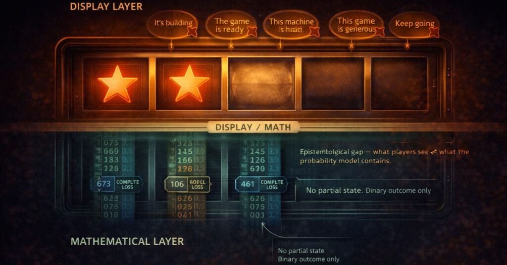 near miss epistemology slots — diagram of the gap between near-miss display signals and actual RNG output, showing 5 false beliefs players form