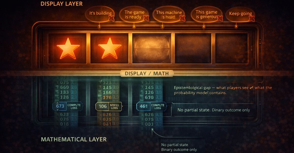 near miss epistemology slots — diagram of the gap between near-miss display signals and actual RNG output, showing 5 false beliefs players form