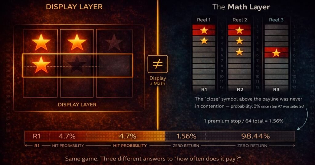 near miss math model — split composition showing display layer rendering of near-miss against the math model's reel stop probability data