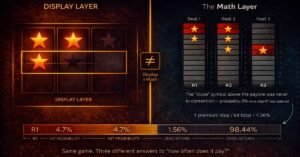near miss math model — split composition showing display layer rendering of near-miss against the math model's reel stop probability data