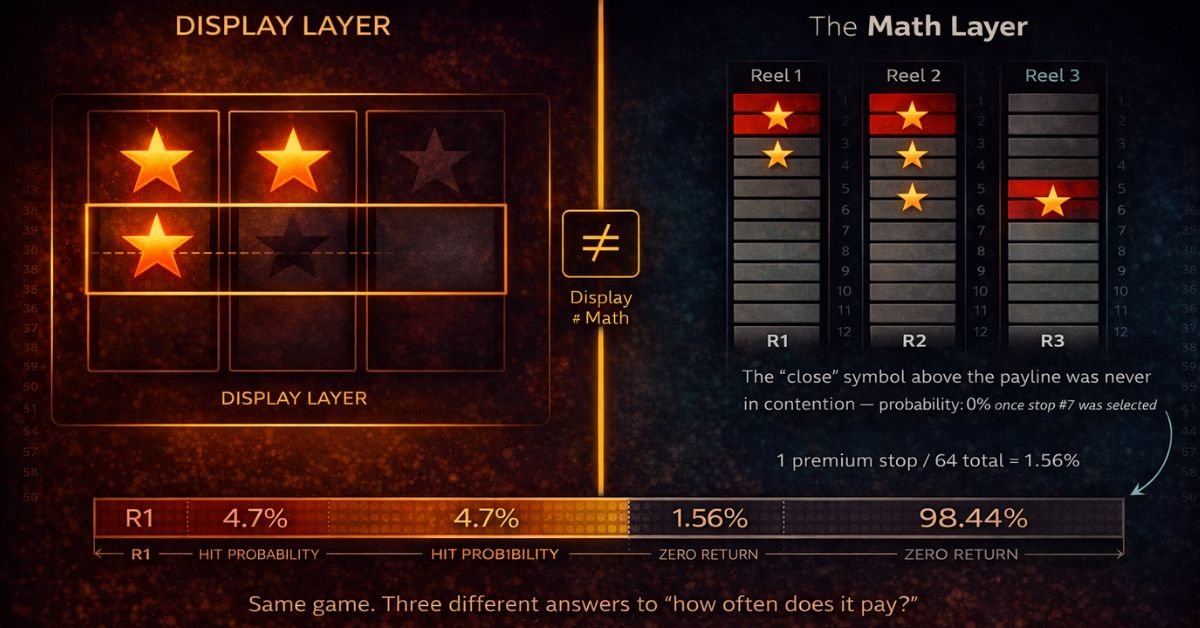 near miss math model — split composition showing display layer rendering of near-miss against the math model's reel stop probability data