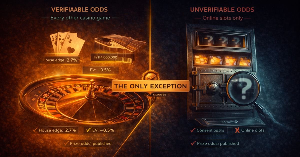 online slots odds cannot be verified — comparison of a transparent roulette wheel with visible numbers against a locked slot machine cabinet, illustrating that slots are the only casino game hiding its probability configuration from players