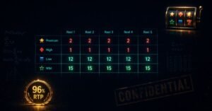 PAR sheet slots explained — reel strip table showing symbol stop positions and weighting