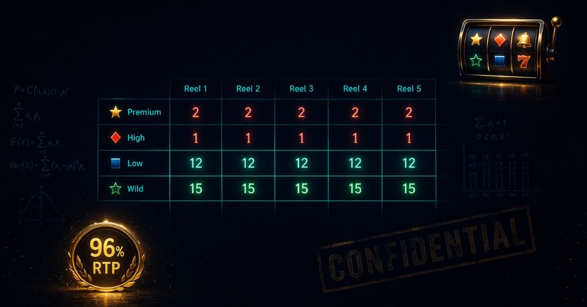 PAR sheet slots explained — reel strip table showing symbol stop positions and weighting