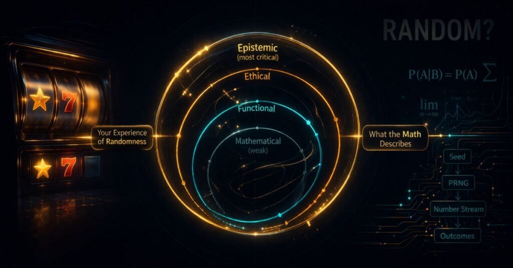 randomness in slots — four dimensions diagram showing mathematical, functional, ethical and epistemic layers