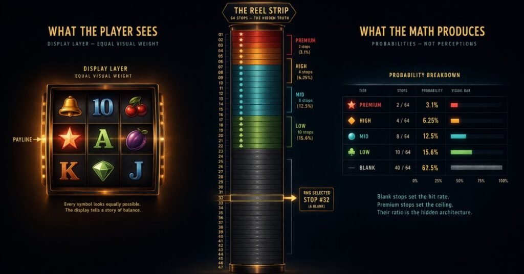 reel configuration and payout schedule — a slot reel strip data structure showing symbol stop assignments by tier with probability percentages, illustrating how the hidden reel configuration