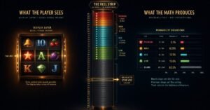 reel configuration and payout schedule — a slot reel strip data structure showing symbol stop assignments by tier with probability percentages, illustrating how the hidden reel configuration