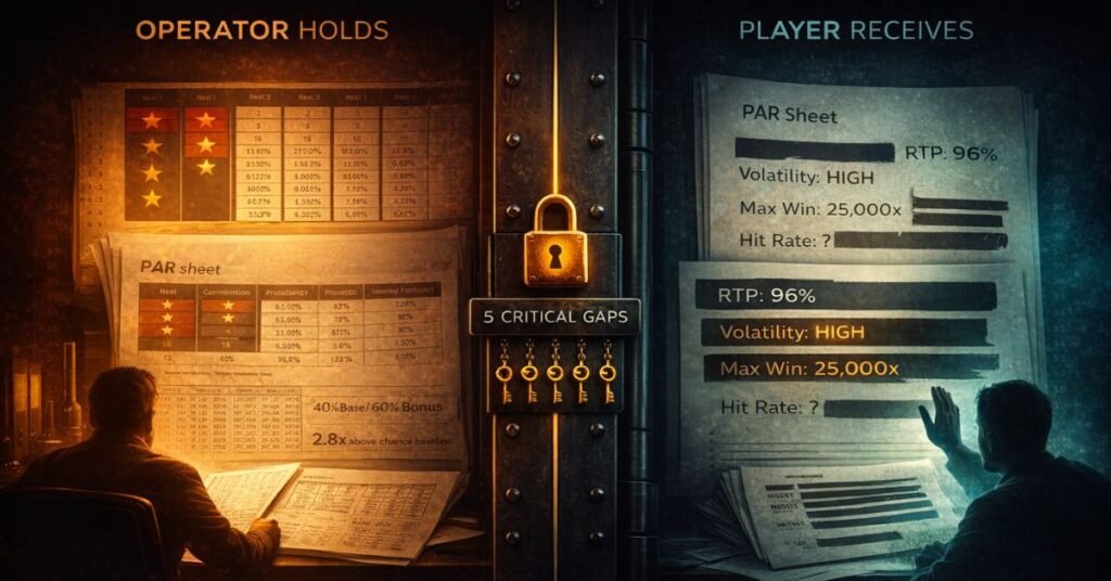 slot information asymmetry — split composition showing the operator's complete PAR sheet data on one side and the player's limited disclosed information on the other, separated by a locked gold barrier