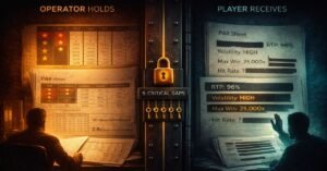 slot information asymmetry — split composition showing the operator's complete PAR sheet data on one side and the player's limited disclosed information on the other, separated by a locked gold barrier